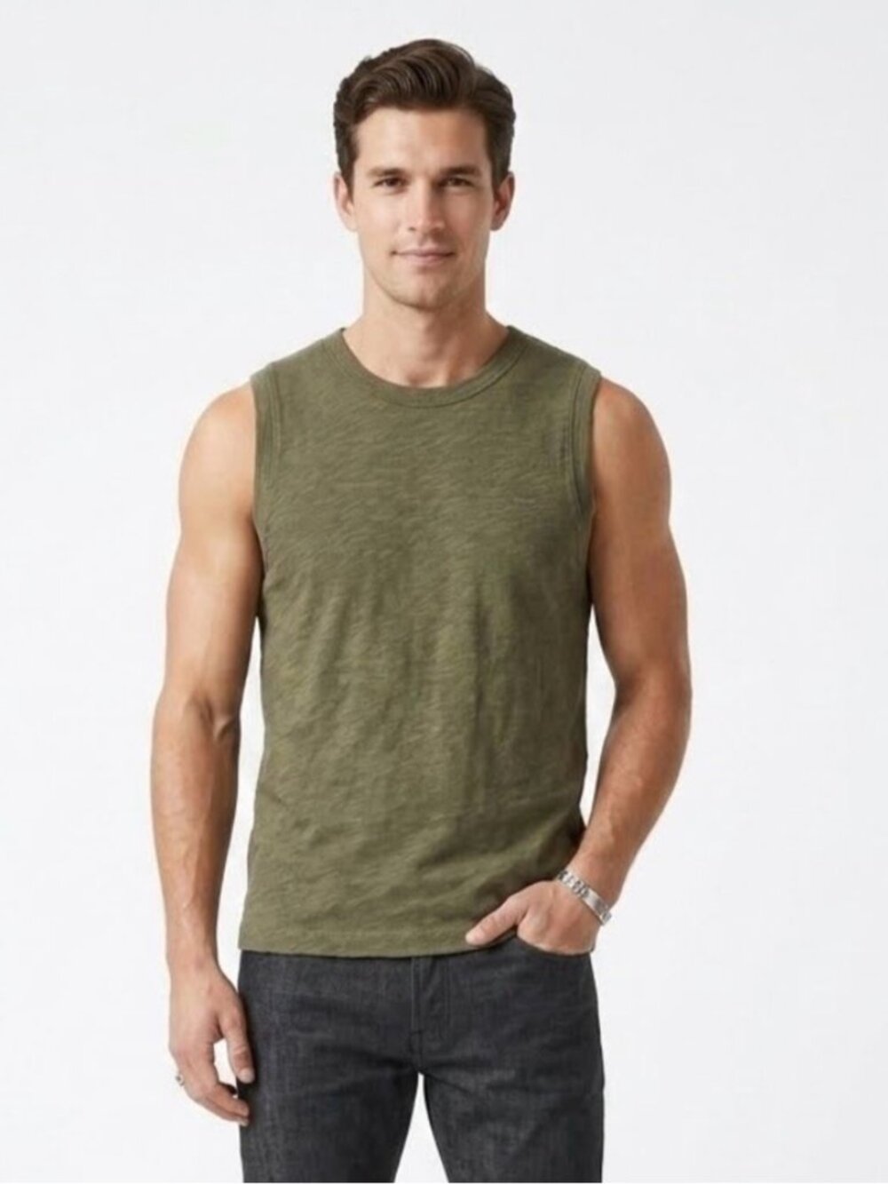 Roots Canada men's Medium Olive Green Slub Knit Sleeveless Muscle Tan 1869